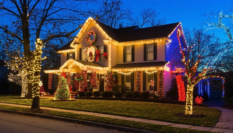 Beautifully decorated home with professional holiday lights by Region Lights, LLC